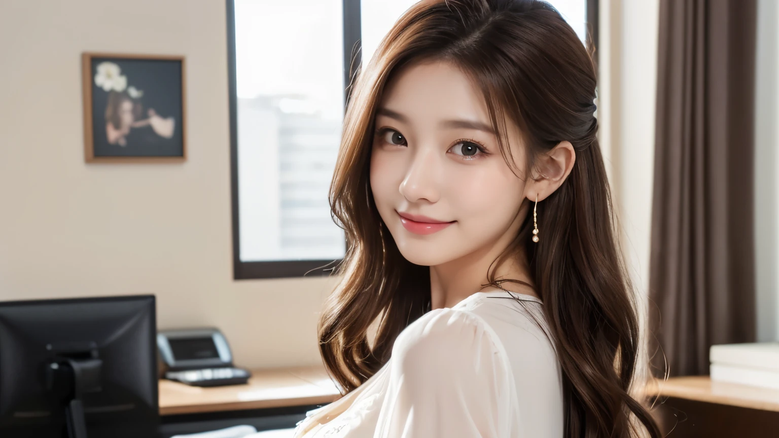 Highest quality、High resolution、8k wallpaper、Dense and beautiful eyedium hair、(Beautiful breasts:1.3)、Natural color lip、20歳のwoman、woman、Brown Hair、smile、Semi-long hair、Hair tied up、Wearing a necklace and earrings、Fluffy blouse、Tight Skirt、office、indoor、greeting