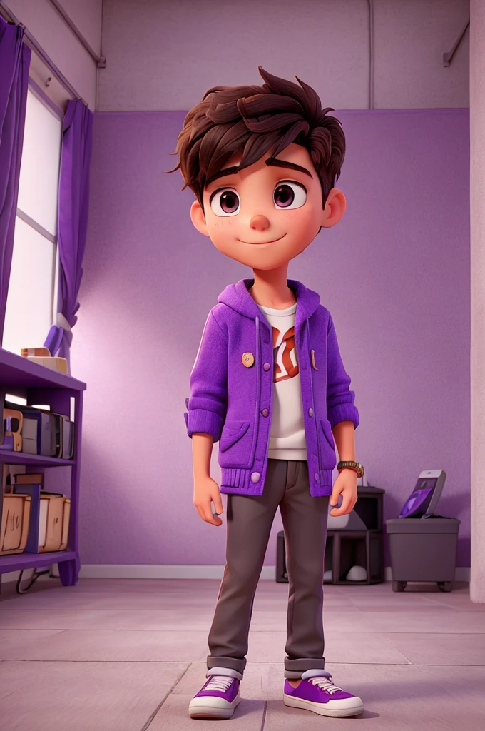 create an image of a young man who likes music wearing a more social outfit, his clothes must match the color purple
