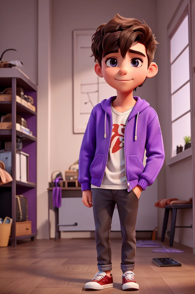 create an image of a young man who likes music wearing a more social outfit, his clothes must match the color purple