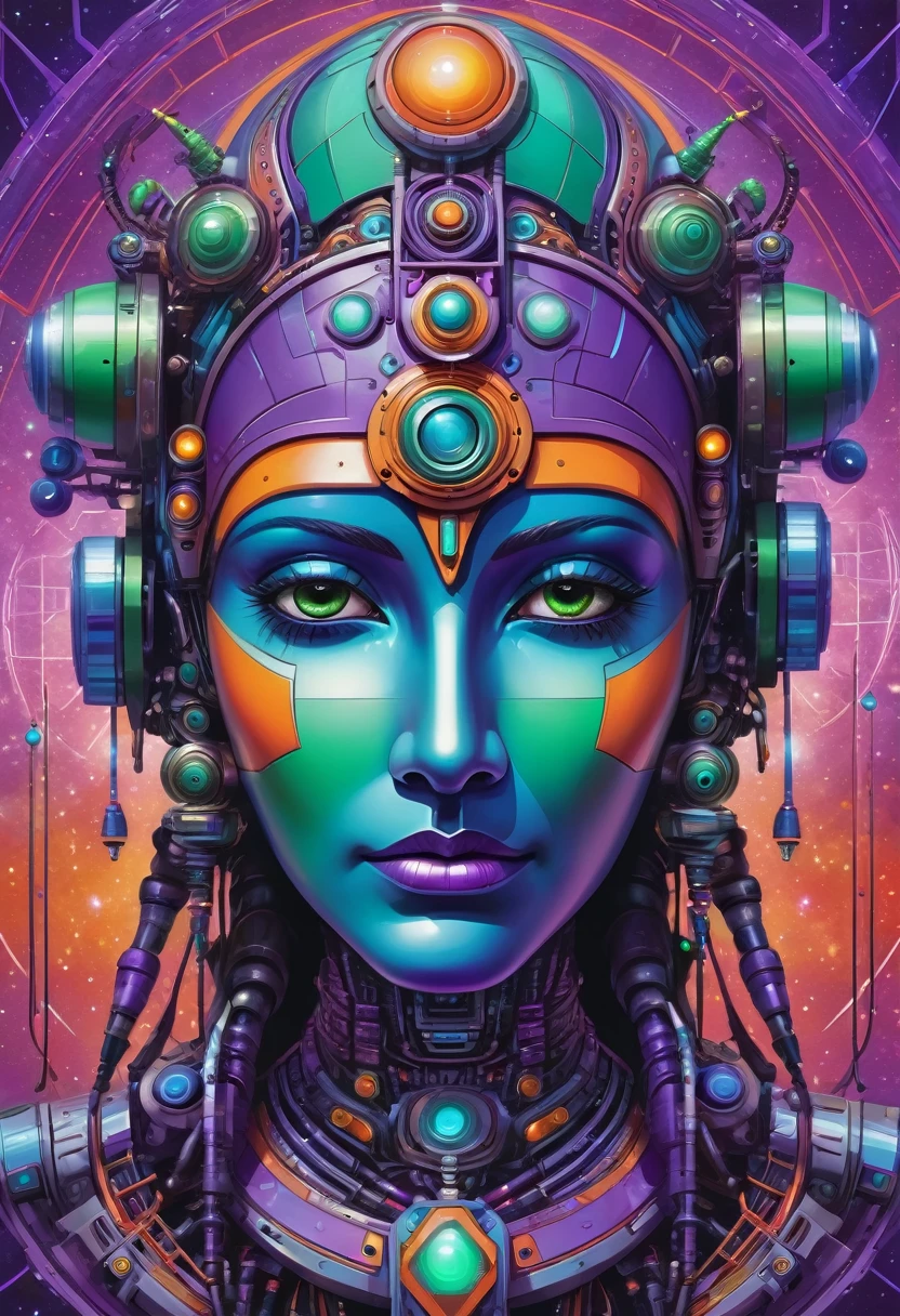 mystical indian robotic face seen from the front, futuristic and geometric technology backdrop, spirit, dmr, md, mdma, intergalactic thc, other planets and mirror effects, colors, purple, green, blue and orange. electronic album cover