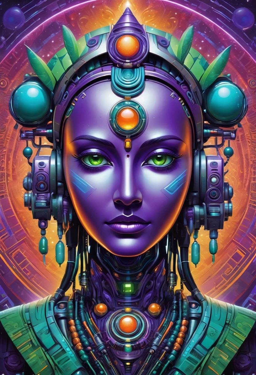 mystical indian robotic face seen from the front, futuristic and geometric technology backdrop, spirit, dmr, md, mdma, intergalactic thc, other planets and mirror effects, colors, purple, green, blue and orange. electronic album cover