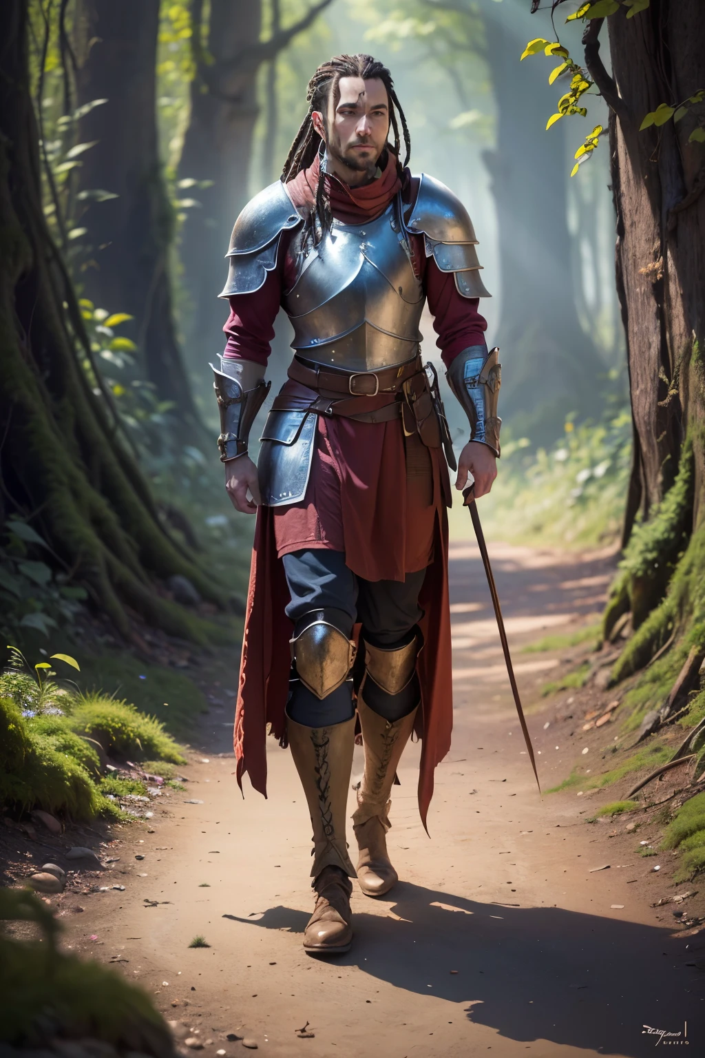 ((best quality)), ((masterpiece)), (detailed), Prize-winning works, with incredible details, maximum textures and details, uhd ,8K,super resolution ,depth of field, retina, masterpiece, textured skin, super detail, high details, highres ,(Numerous prize-winning works, with incredible details, maximum textures and details), (hyperrealisti:1.4), (Full-body image:1.8),((Fantasy world)), 1 Soldier with dark brown dreadlocks , brown stubble, Using plate armor, Standing in a fantasy valley, wearing a robe, Coraggioso, Tolkien, Lord of the Rings