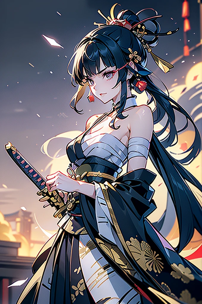 ((roll up bandage sideways on a chest tightly to cover the chest without gaps)), the bantage is no chest shape, flat chest, Japanese Gangster BOSS, adult woman with the dignified presence, Killing Qi, wear nothing around shoulder, wear nothing around neck, wear the kimono, wear it below the waist, (I wind it up to control it, and to attach it), ((kimono come off)) ,wear the kimono multiple times, Bare shoulders and the clavicle, black and gold kimono, put on over jacket of kimono, (holding a japanese sword which shine in purple, The handole of the sword is black, and the blade is gray, long sword), eye fire, low angle, whole body, bandage is seen, anime character, Glaring, off sholder, nappropriate smile, Excellent, black blue hair, can see both shoulder, long hem, small face