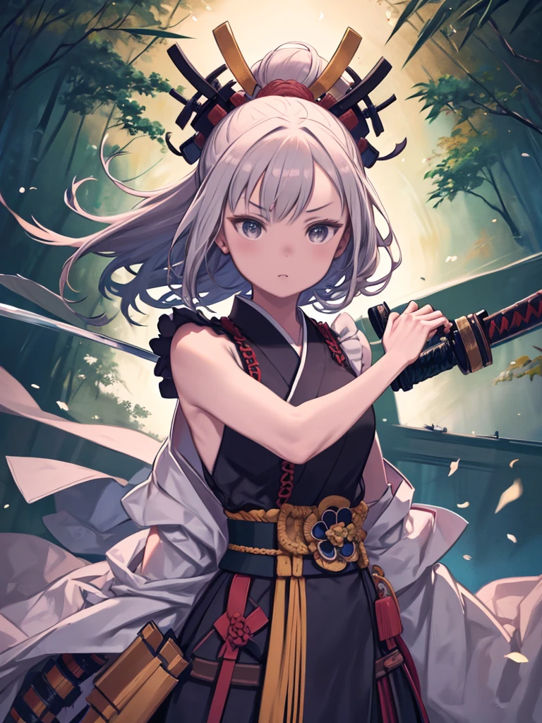 One Female Samurai, Stance for battle, Pulling the sword out of the sheath in her hand, Ready for battle, wearing a samurai costume (kimono) (Bamboo forest wind), (The wind blew the leaves up), Cut her shoulder ( High skin detail: 1.2), 8K Ultra HD, Single-lens reflex camera, Soft lighting, high quality、Anime Style、Little