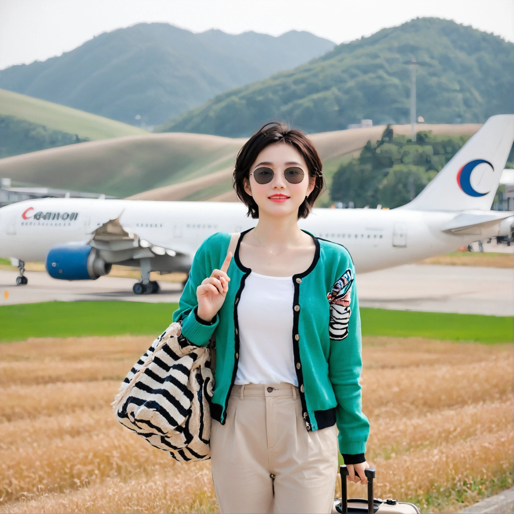 beautiful korean girl , 32 inch chest size, Your eyes are big and pretty. Short in stature. Standing in the departure hall of the airport. . short medium hair, Standing in line at the departure hall of Frankfurt Airport, Germany. He wore a white shirt, a green jumper, and white casual pants.s.Dragging a suitcase. short medium hair, short height, Full body shot with Canon camera 16-35 wide angle lens, short medium hair. expressionless, full body shot, perfect fingers, Make the airport electronic display visible, 멀리 full body shot, uhd