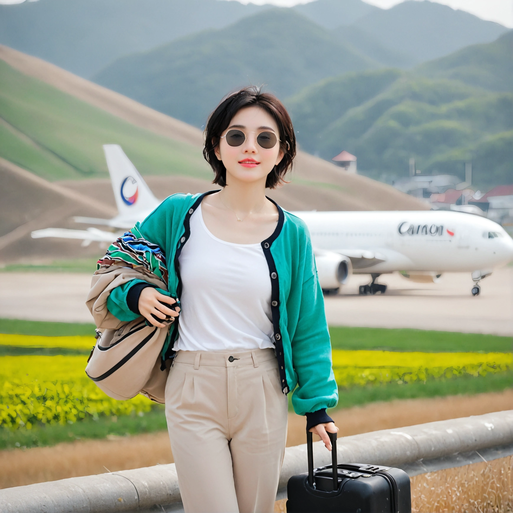 beautiful korean girl , 32 inch chest size, Your eyes are big and pretty. Short in stature. Standing in the departure hall of the airport. . short medium hair, Standing in line at the departure hall of Frankfurt Airport, Germany. He wore a white shirt, a green jumper, and white casual pants.s.Dragging a suitcase. short medium hair, short height, Full body shot with Canon camera 16-35 wide angle lens, short medium hair. expressionless, full body shot, perfect fingers, Make the airport electronic display visible, 멀리 full body shot, uhd