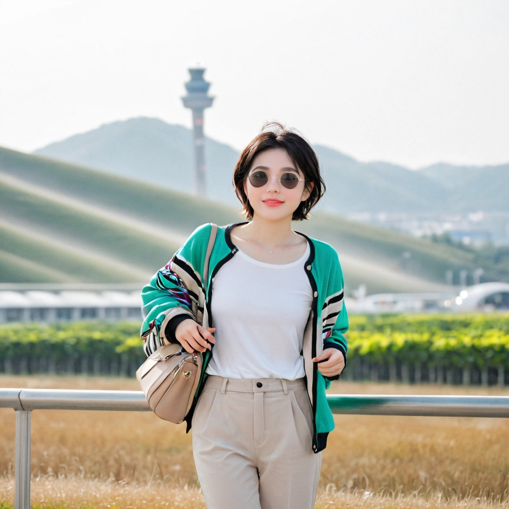 beautiful korean girl , 32 inch chest size, Your eyes are big and pretty. Short in stature. Standing in the departure hall of the airport. . short medium hair, Standing in line at the departure hall of Frankfurt Airport, Germany. He wore a white shirt, a green jumper, and white casual pants.s.Dragging a suitcase. short medium hair, short height, Full body shot with Canon camera 16-35 wide angle lens, short medium hair. expressionless, full body shot, perfect fingers, Make the airport electronic display visible, 멀리 full body shot, uhd