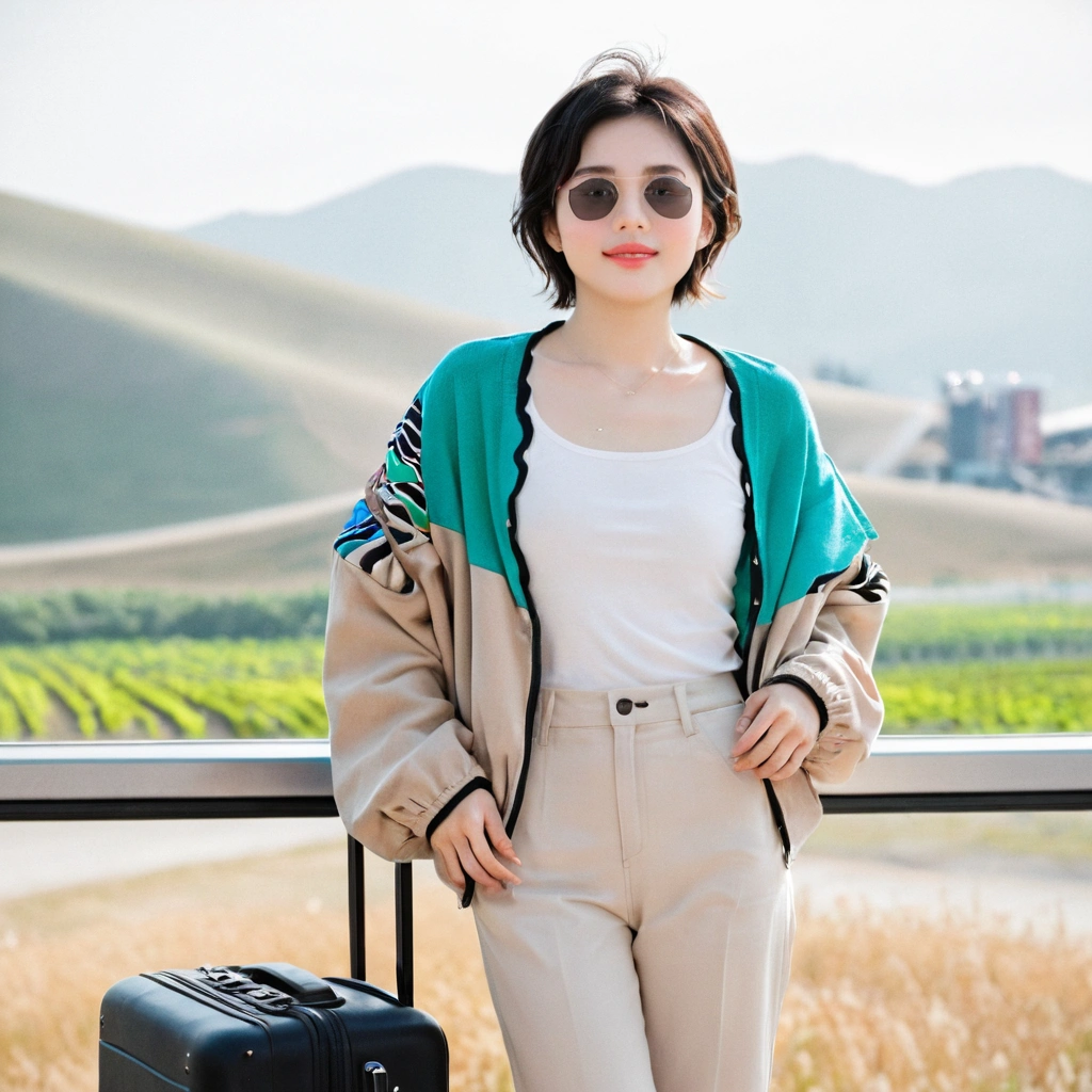 beautiful korean girl , 32 inch chest size, Your eyes are big and pretty. Short in stature. Standing in the departure hall of the airport. . short medium hair, Standing in line at the departure hall of Frankfurt Airport, Germany. He wore a white shirt, a green jumper, and white casual pants.s.Dragging a suitcase. short medium hair, short height, Full body shot with Canon camera 16-35 wide angle lens, short medium hair. expressionless, full body shot, perfect fingers, Make the airport electronic display visible, 멀리 full body shot, uhd