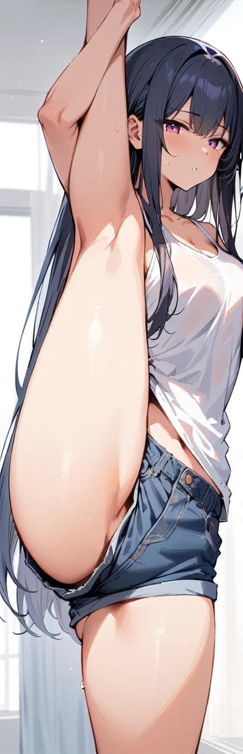 (masterpiece, best quality:1.2), 1girl, solo,standing_split, 
long hair, White sleeveless tank top，blue denim shorts