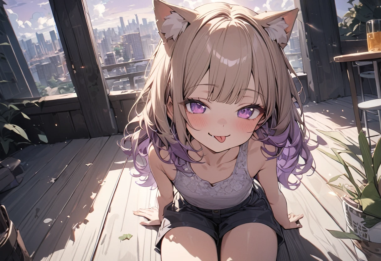 ((Masterpiece)), ((best quality)), ((kawaii)), ((extremely detailed)), 4K, (8K), (super detail:1.2), (High Definition:1.3), (Professional Photography:1.2), cinematic lighting, (very aesthetic:1.2), (absurdres:1.2), (wide shot), (sharp focus), (perfect light), ((1girl)),(()), cute young girl, (naughty smile), ((sticking out tongue)), (Beautiful deep purple eyes:1.2), (put on cat ears), girl, (Embroidered cute tanktop), small breast, Healthy skin, (Healthy slim body), shortpants, pudgy cheeks, BREAK, ((best quality)), (very aesthetic:1.2), (absurdres:1.2), ((extremely detailed)), (loose blunt bangs), ((Beautiful Silky hair)), medium hair, ((beautiful pale brown hair)), 🌈, ((Eating vanilla ice cream)), loose sitting on chair, ice cream on the café terrace, (the Midsummer Cafe Terrace), Beautiful cityscape Background, Large Cumulonimbus Clouds, pastel colors clouds, kawaii, cute colors,