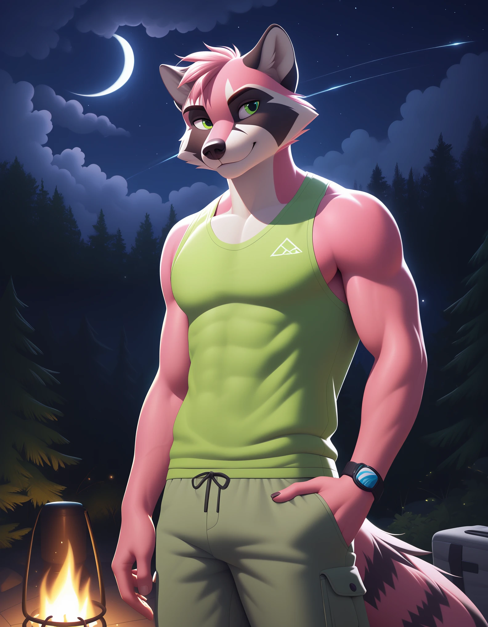 score_9, score_8_up, score_7_up, source_furry, rating_safe, by sigma_x, 
anthro, solo, male, raccoon, grey body, green eyes, fox, (pink body:1.2),
humanoid, standing, forest, camp, night, sky,