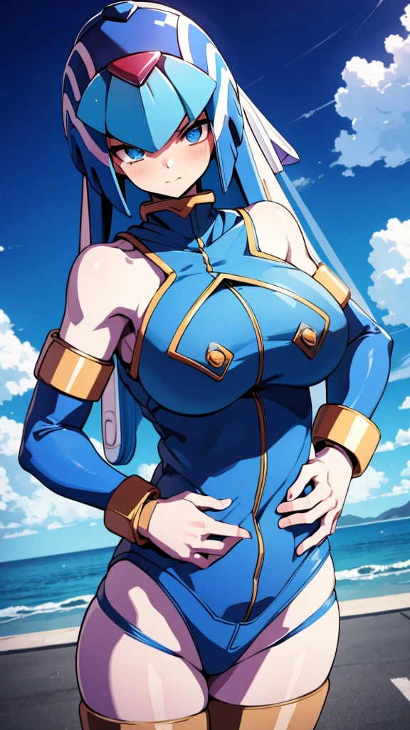 Leviathan_Megamanz, 1 Girl ,Looking at the viewer , blue hair, Blue eyes,Clouds background , Blushed , , Wedding ring, Glasses, Swingsuit
