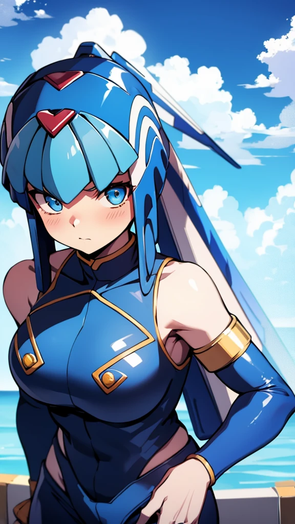 Leviathan_Megamanz, 1 Girl ,Looking at the viewer , blue hair, Blue eyes,Clouds background , Blushed , , Wedding ring, Glasses, Swingsuit