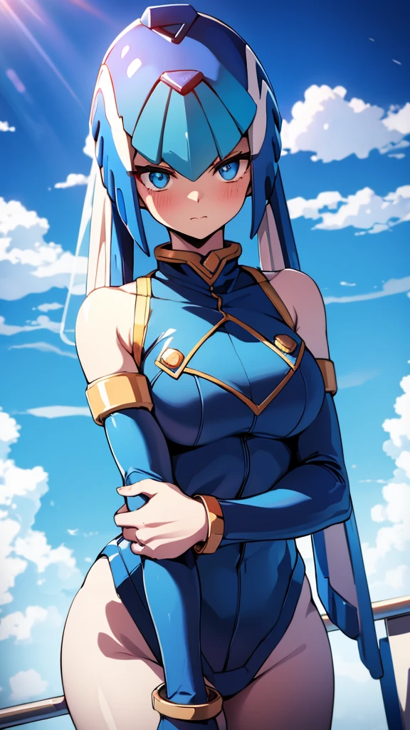 Leviathan_Megamanz, 1 Girl ,Looking at the viewer , blue hair, Blue eyes,Clouds background , Blushed , , Wedding ring, Glasses, Swingsuit