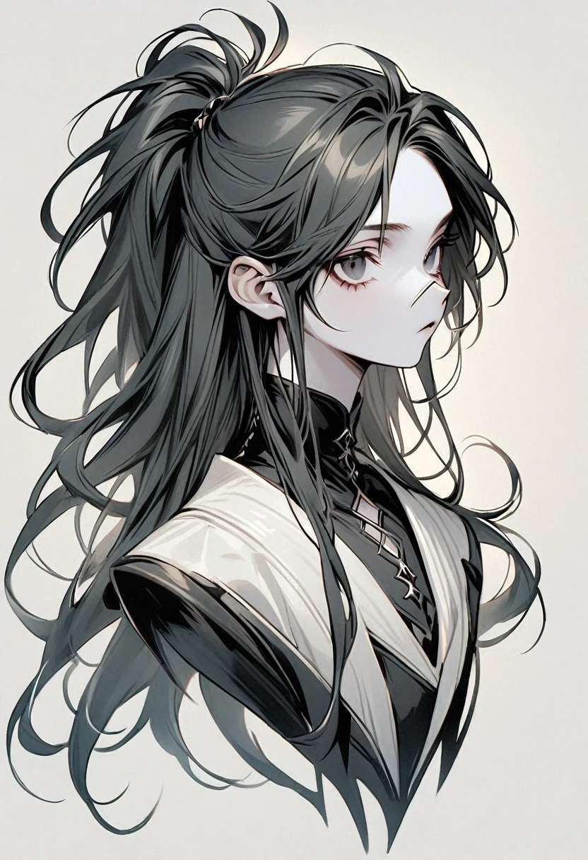 Androgynous Character bust, dark fantasy aesthetic, white pale skin, black eyes, hooked nose, black hair, long hair, straight curtained hair, loose hair