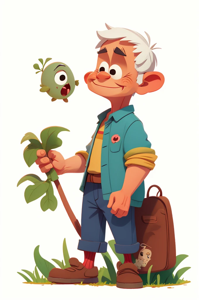 side viewer , old 1man with , smale, cartoon, pixar style, 2d, cartoon, free hands , high brightness , detailed face, WHITE BACKGROUND