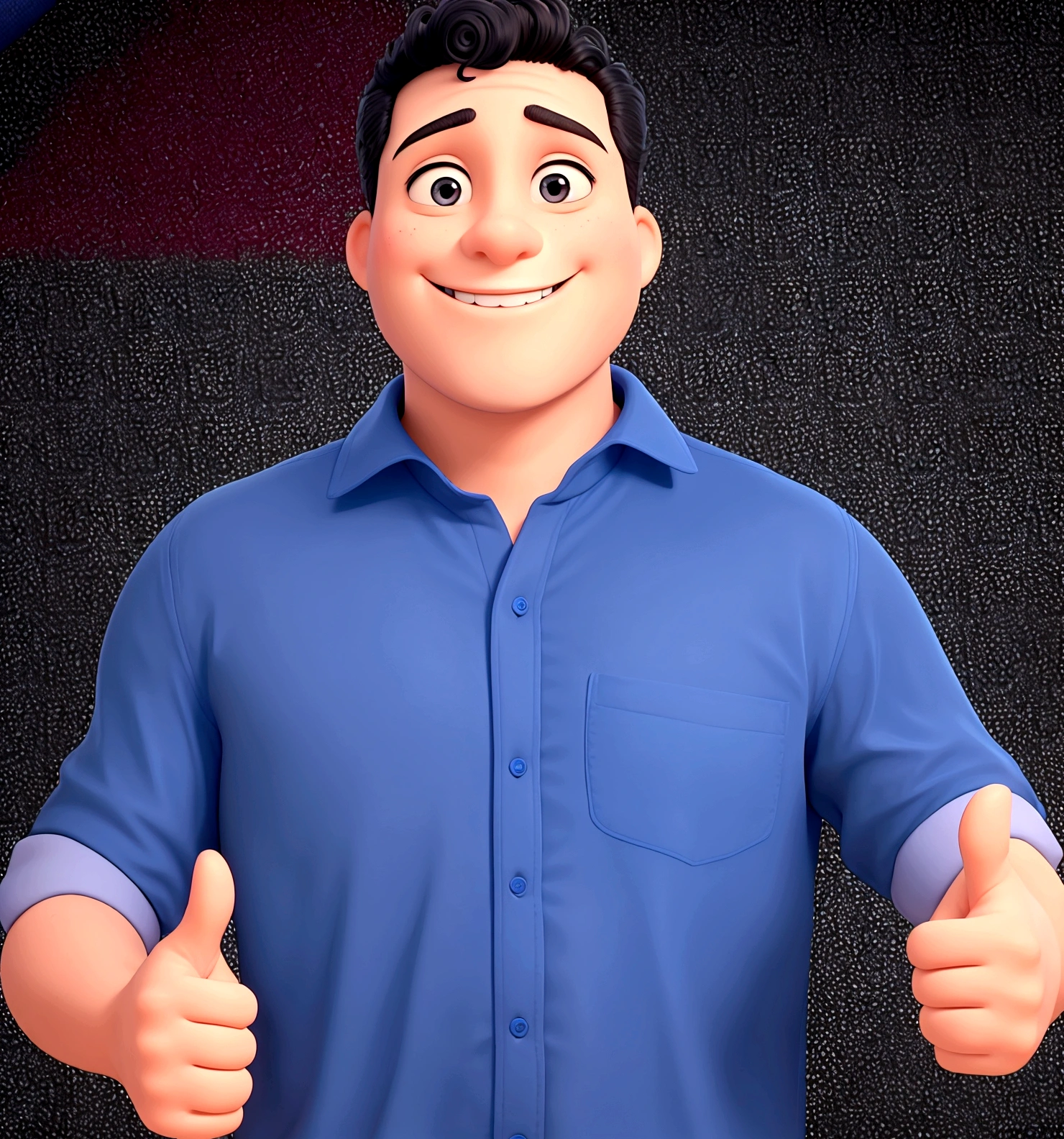 Making a thumbs up sign with both hands, blue shirt, short curly black hair, smiling. 