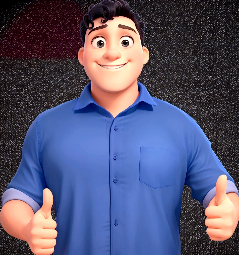 Making a thumbs up sign with both hands, blue shirt, short curly black hair, smiling.