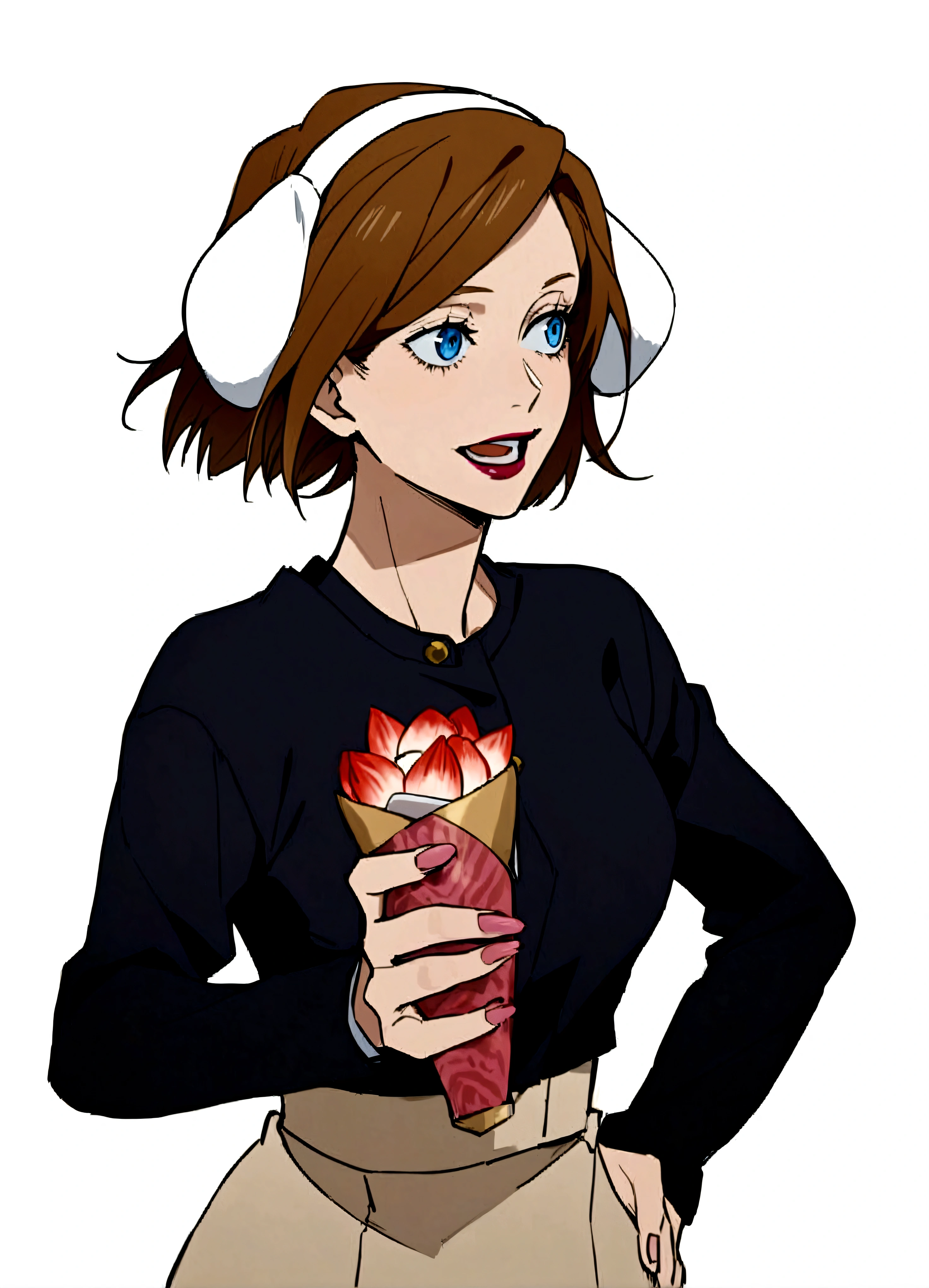 jujutsu kaisen anime girl, blonde, long hair with a parting to the right side, blue colored eyes, pink lipstick. Nobara uniform