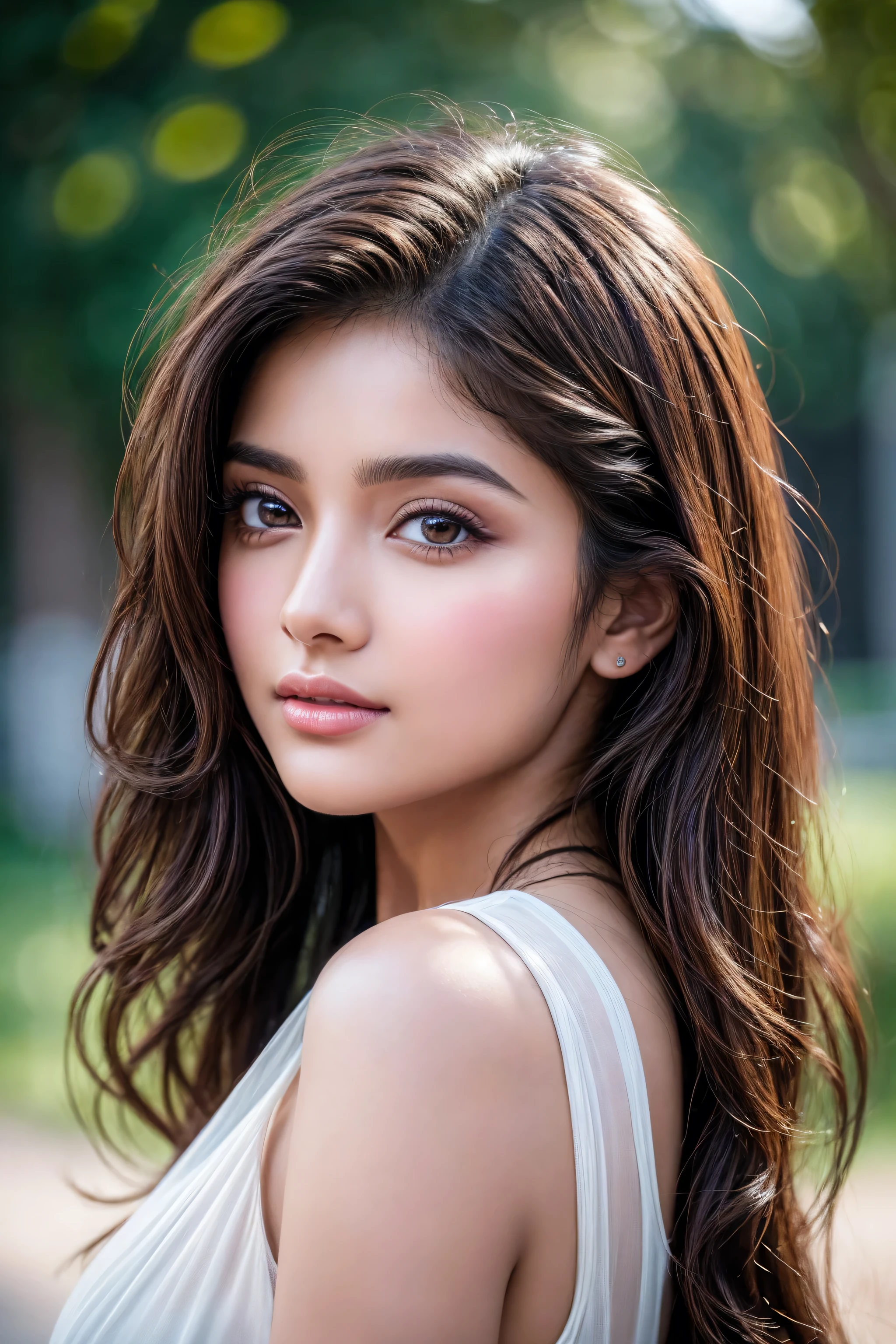 (absurd quality,16k,highres,masterpiece:1.2), ultra details,UHD,(photorealistic Realism 16K Quality), A breathtakingly beautiful 18-year-old girl named Anikha, who is the epitome of elegance and charm. She stands out as the central focus of this ultra-detailed, 8K resolution masterpiece and a UHD rating of 1.3. Her delicate facial features are captured with a stunning realism that's amplified by a majestic,  making her appear as if she's stepped out of a high-definition dream. Her skin glows with a soft blush, perfectly accentuating her detailed, natural beauty. (the most absurd quality perfect eyes), (super beautiful cute sharp-face), ((clear no blur and sharp perfect round realistic brown_eyes:1.28)), finely detailed pupils, detailed lips:1.3, reflecting the cinematic lighting that surrounds her. They are so realistic and sharp that they seem to hold secrets of the universe within them. Her long shining hair are adorned with a hair ornament that adds an extra touch of elegance to her already flawless look. The background, a canvas of blurred perfection for background blur, showcases an intricate  design that complements the overall aesthetic without overwhelming the main subject.
