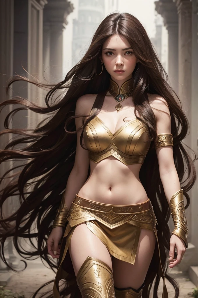 Clara brunette woman with long, wavy hair dressed as a warrior