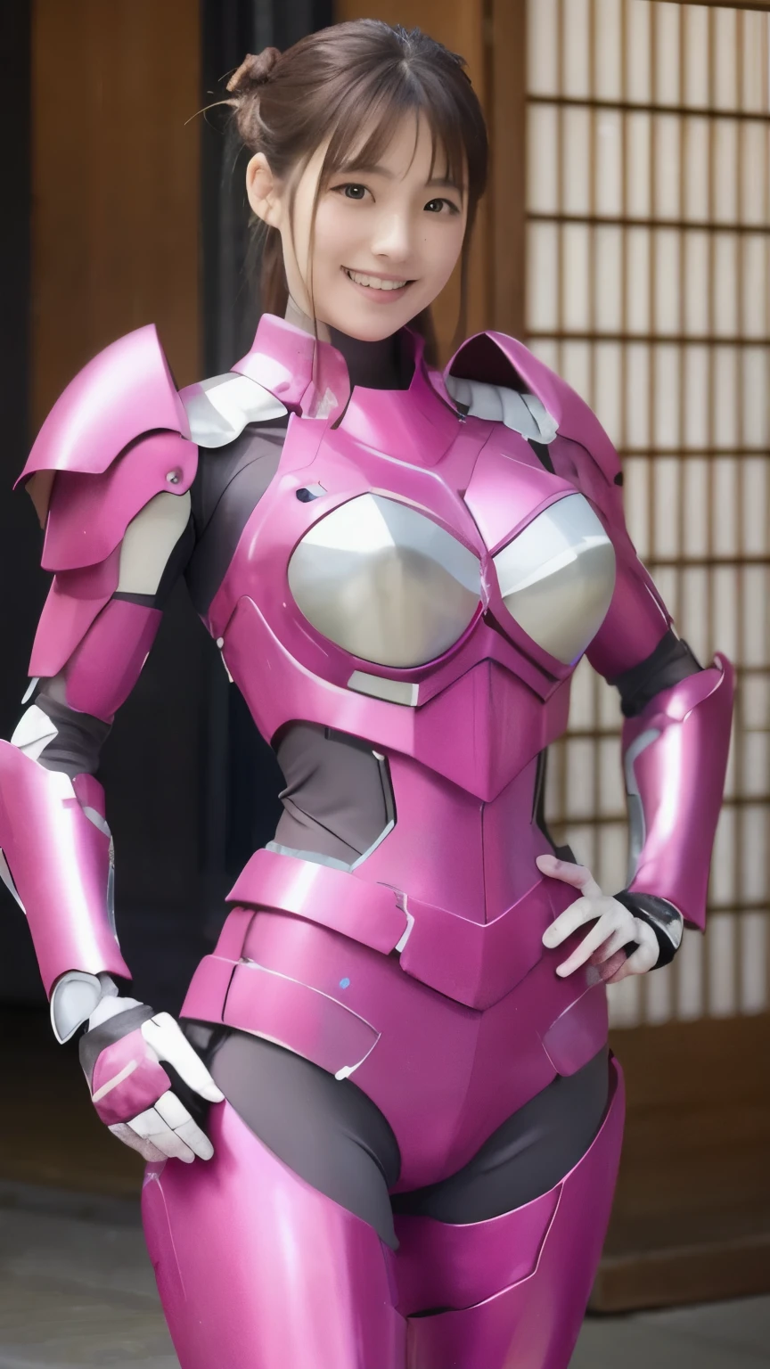 A beautiful 25 year old Japanese woman wearing pink thick metal powered armor:1.5,、smile、Japanese, ponytail, Clear Glass, whole body,Big Breasts:1.5