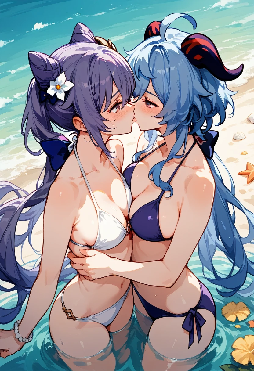 Genshin impact, 2 women, Yuri, purple hair keqing, ganyu, looking at each other, romantic kiss, blushing, bikini, beach, under water