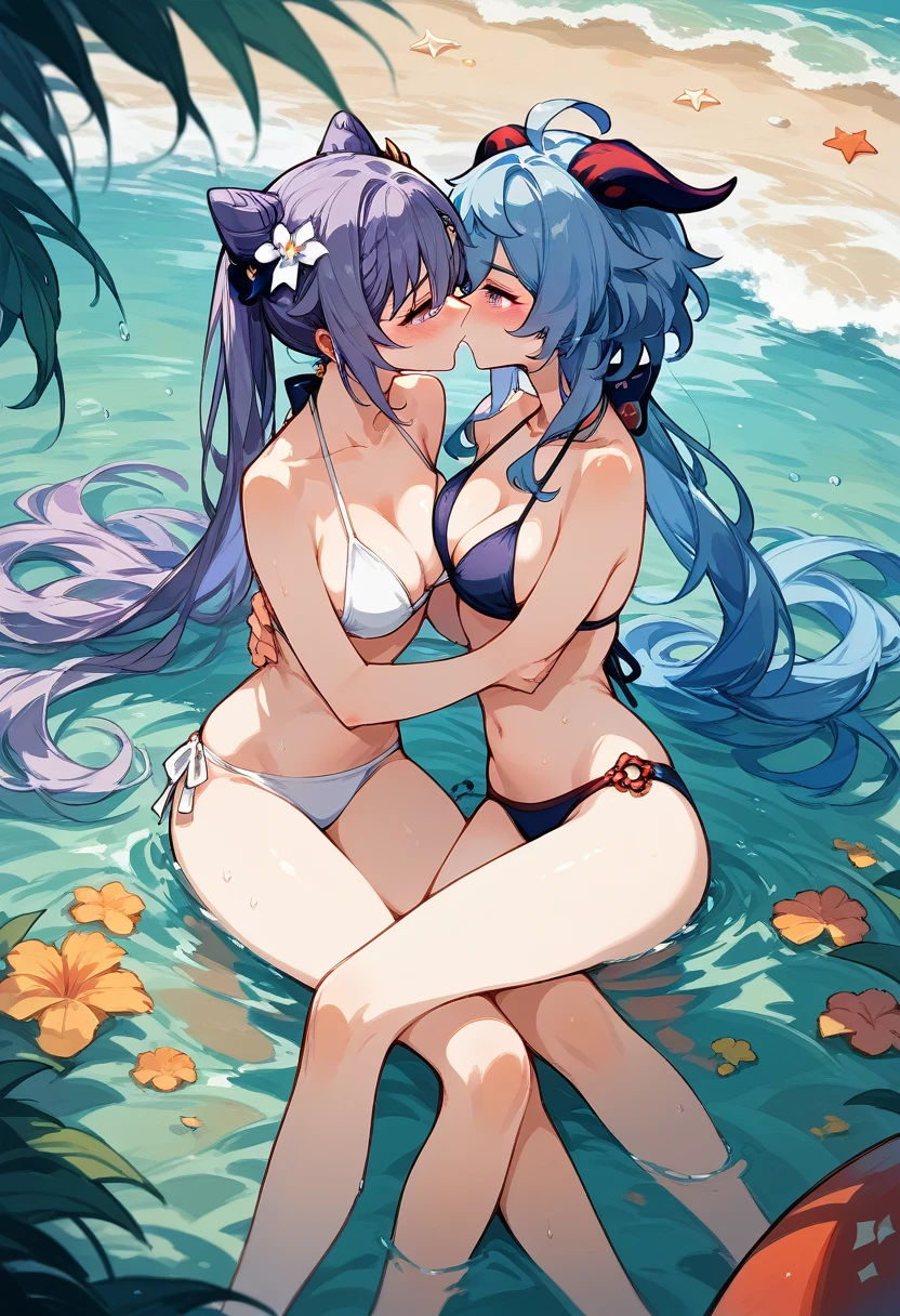 Genshin impact, 2 women, Yuri, purple hair keqing, ganyu, looking at each other, romantic kiss, blushing, bikini, beach, under water