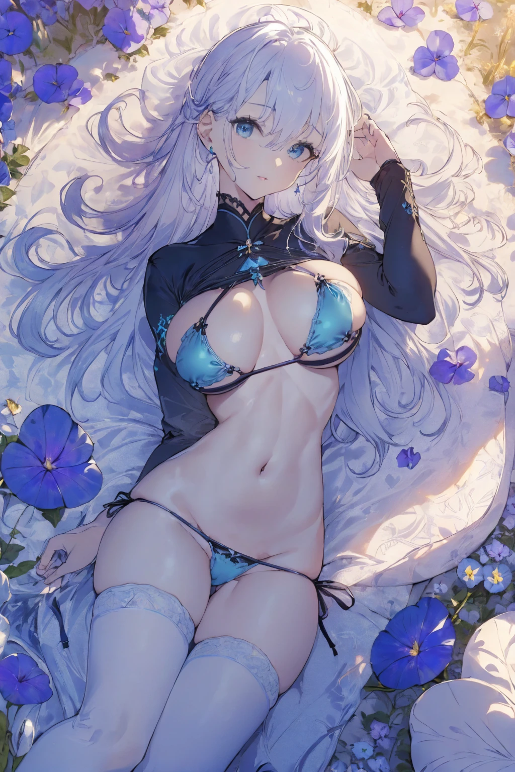 (micro bikini photo:1.1, gigantic breast, saggy breast, in blue waterfront garden:1.5), Masterpiece, best quality, (very detailed CG unity 8k wallpaper), (best quality), High definition RAW color art, Animation,sculptures, (black Marble Skin), (((Ultra detailed elegant))), Magical atmosphere, Detailed skin, Texture,(Intricately detailed, Fine detail, ultra-detail art), depth of fields, bokeh, Silky Touch, Hyper Detail, beautiful eyes, Elegant Face, (lying on pastel white waterfront, morning glory), sparkle background, enormous breast:1.3, (silver hair), pastel purple, embarrassing smiley face, wide open udder