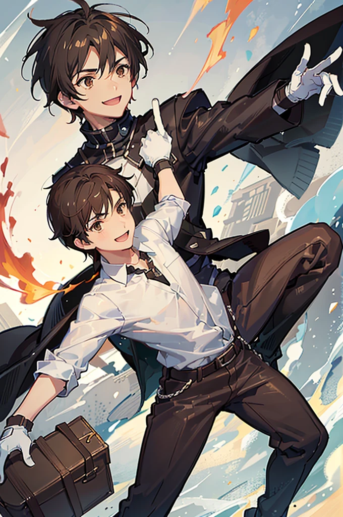 A 20-year-old boy, smiling, short brown hair, slightly muscular, wearing dark brown pants, boots, white shirt, old-fashioned clothing, brown gloves, brown eyes, in a battle pose, wind blowing behind him, wind powers. 