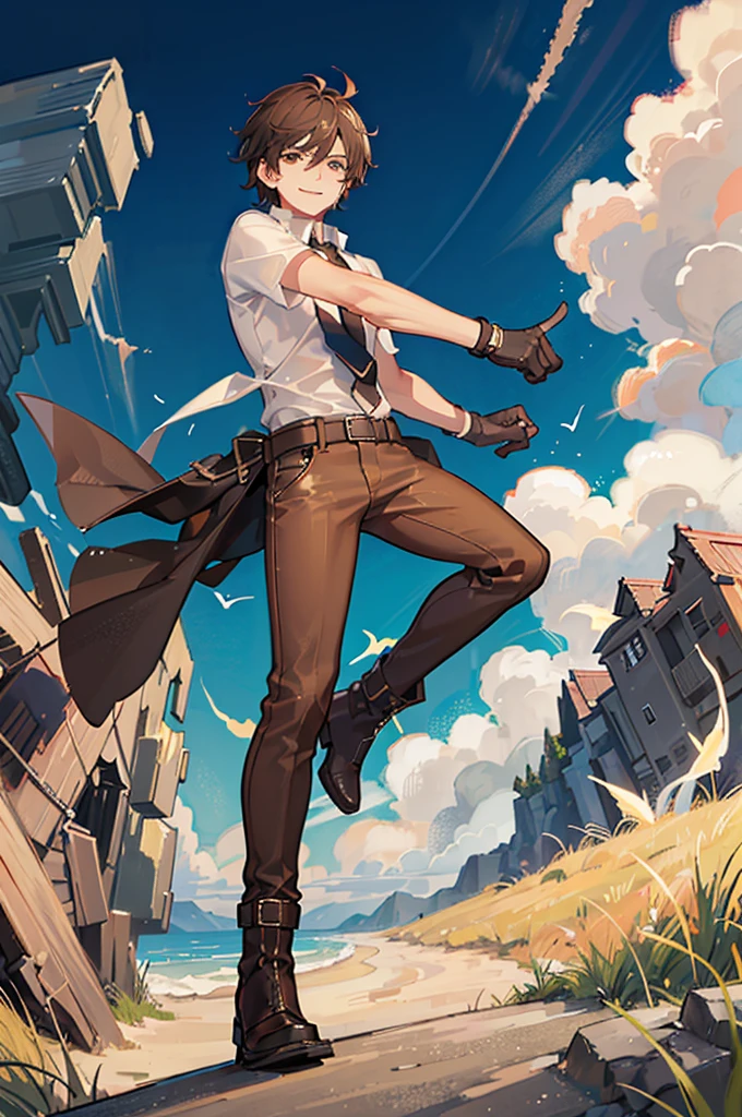 A 20-year-old boy, smiling, short brown hair, slightly muscular, wearing dark brown pants, boots, white shirt, old-fashioned clothing, brown gloves, brown eyes, in a battle pose, wind blowing behind him, wind powers.