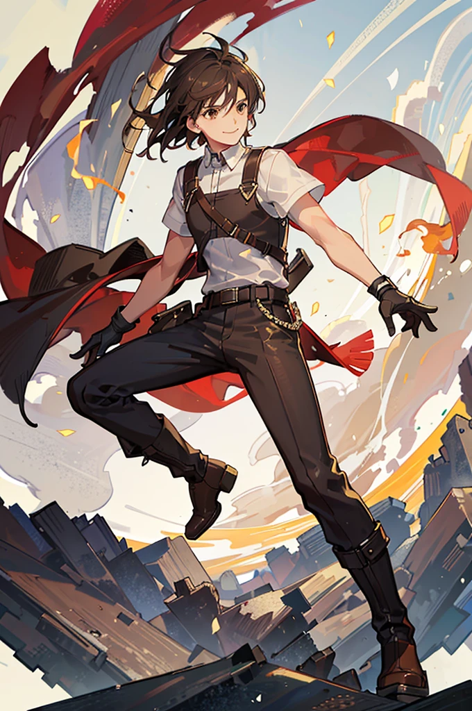 A 20-year-old boy, smiling, short brown hair, slightly muscular, wearing dark brown pants, boots, white shirt, old-fashioned clothing, brown gloves, brown eyes, in a battle pose, wind blowing behind him, wind powers.