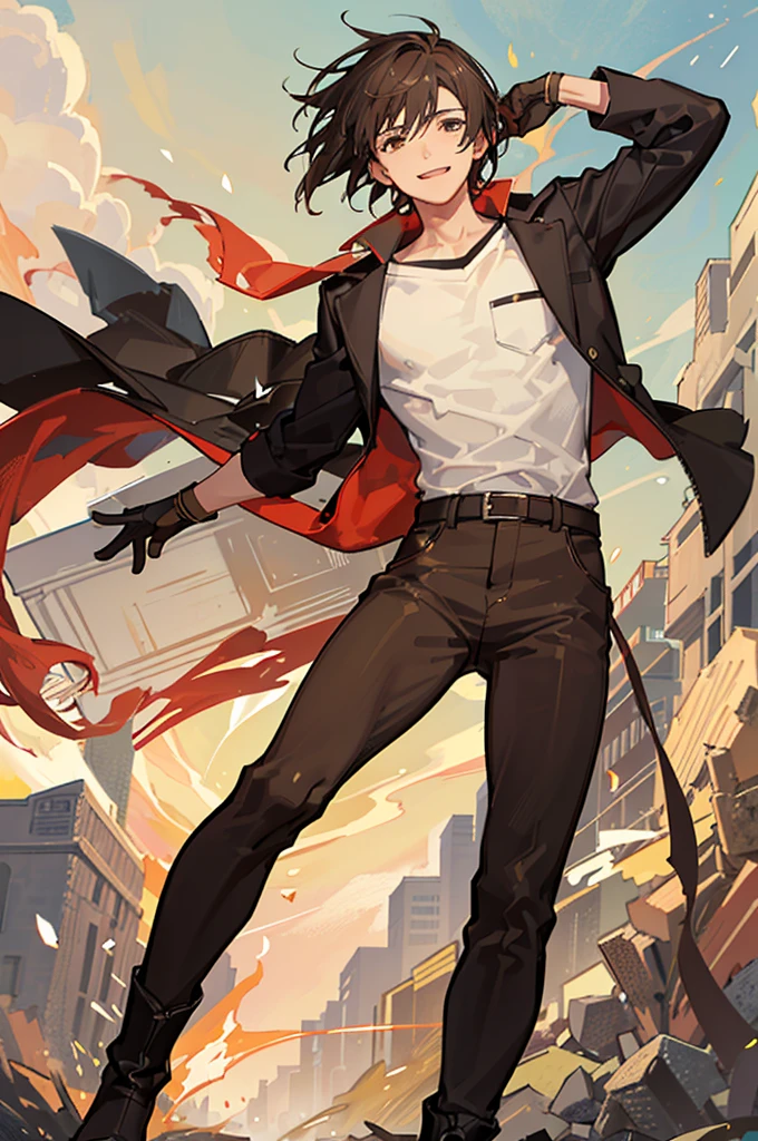 A 20-year-old boy, smiling, short brown hair, slightly muscular, wearing dark brown pants, boots, white shirt, old-fashioned clothing, brown gloves, brown eyes, in a battle pose, wind blowing behind him, wind powers.