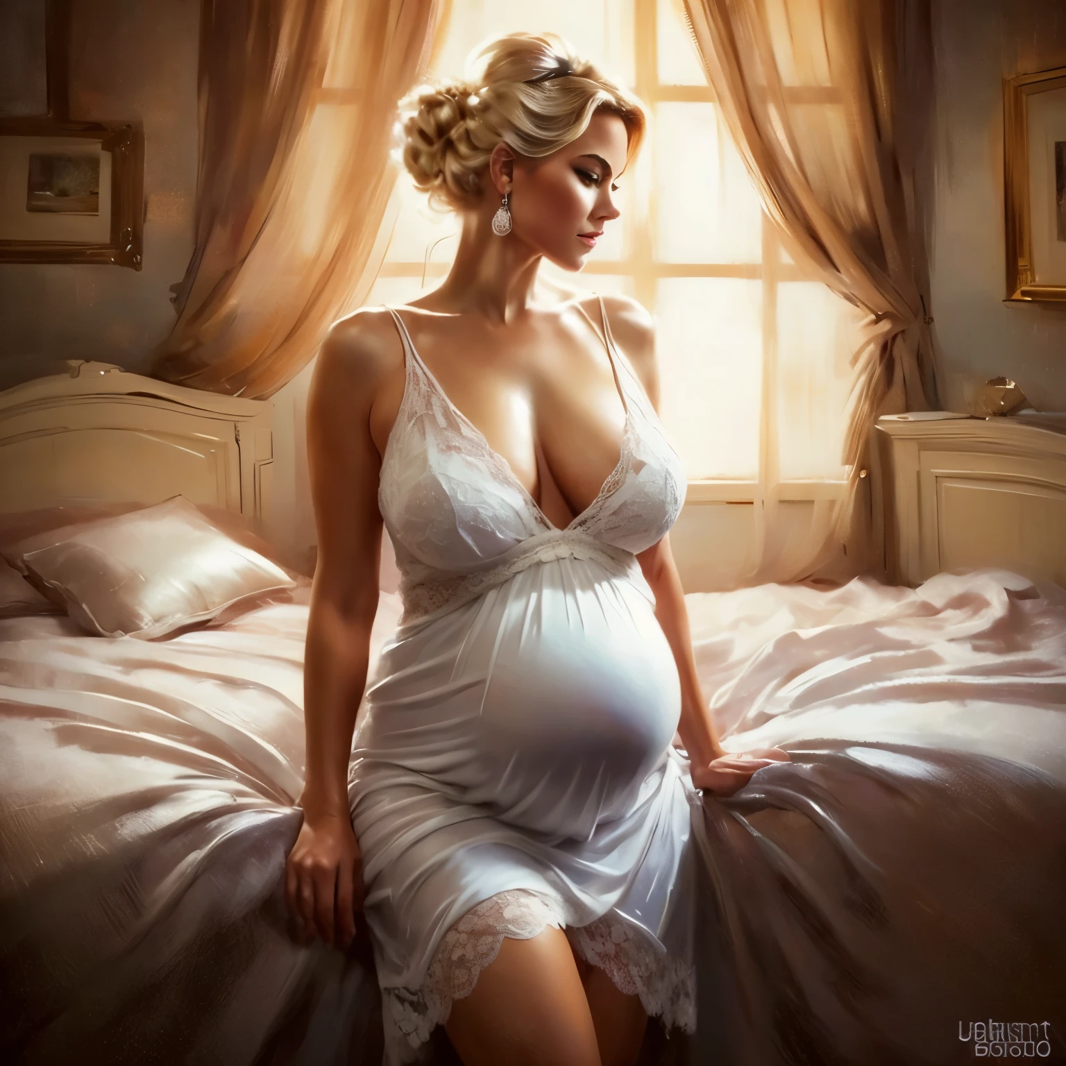 nsfw, photorealistic, beautiful face, (masterpiece:1.4), (best quality:1.4), extremely detailed, hyper-detailed, soft lighting 38 years old beautiful 8 month pregnant blonde 1950's pinup woman in her late thirties standing in a bed room, 8 month pregnant, dressed only in a very short very transparent lace night gown, sideboob, no naked breasts, white pearl necklace and white pearl earrings, lace stockings, perfect body, busty, perfect legs, intricate details, masterpiece, bestquality, uhd, 8k, ((plain backgound:1.3)), shaved pubic area, big breasts, hanging breasts, heavily sagging breasts, brown big erected hard nipples, short blonde hairbun with a bow in hair, shaved pubic area, (perfect_face), intricate, 4k, detailed_background, full_body, realistic, 8k, sexy, side view, she looking over her shoulder, very bashful smile, very shameful facial expression, have to pee, hand between legs, leaning forward
