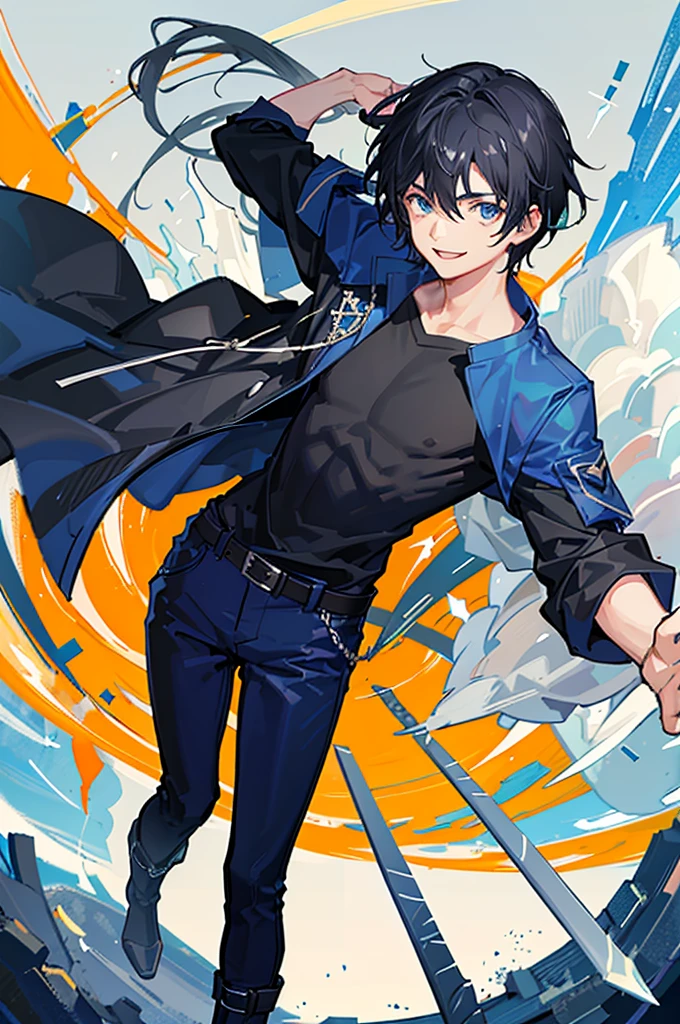 20 year old boy, smiling, use two swords, blue pants, black shirt, Old clothes, Boots, black hair a little long above the shoulders, fighting pose 