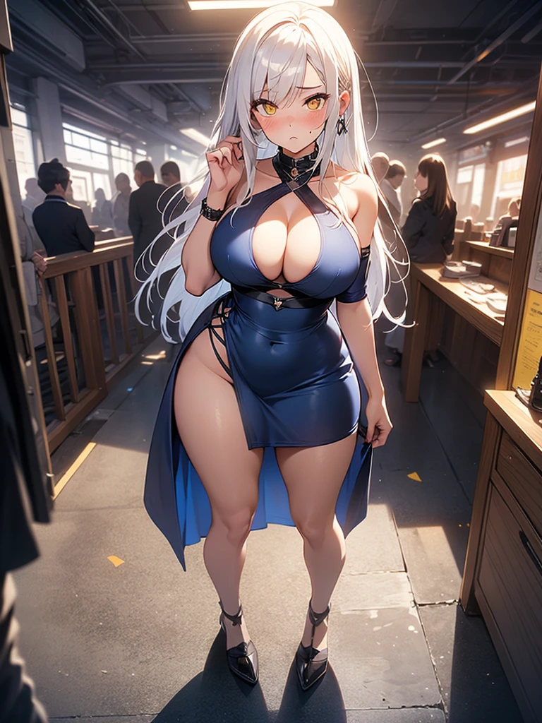 8K, Girl, solo, Full Body, Long hair, white hair, Yellow eyes, Sad mouth, blush, nervous, detailed face, Breasts, big Breasts, large Breasts, big Butt, Tiny Dark BLUE dress, tight dress, in a public show