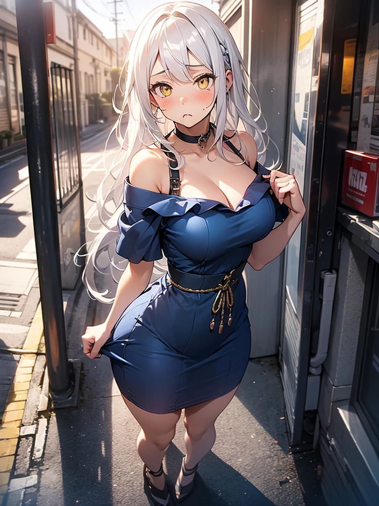 8K, Girl, solo, Full Body, Long hair, white hair, Yellow eyes, Sad mouth, blush, nervous, detailed face, Breasts, big Breasts, large Breasts, big Butt, Tiny Dark BLUE dress, tight dress, in a public show