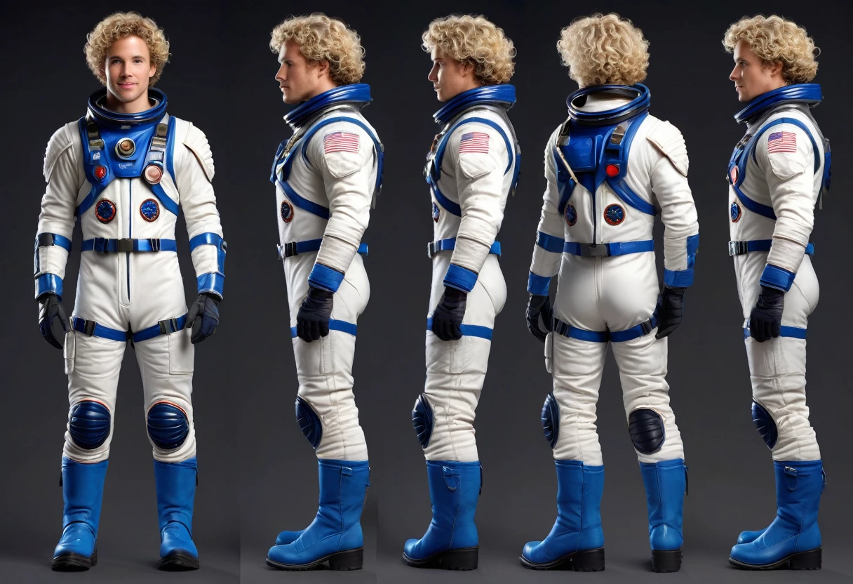 a dynamic photorealistic full-body ((character sheet)) of 25 years old RYAN DALISH, ((3 views: front view, side view, back biew)), of north american origin, caucasian male, light skin, almost a model, in white and blue spacesuit, universal boots, short blonde curly hairs, broad chin, perfect anatomies, detailed faces, detailed skins, detailed eyes and mouths, well aligned teeth, high quality, 4k resolution, photographic, hyperrealistic, dark grey vibrant background, neutral background, color graded background, more detail XL