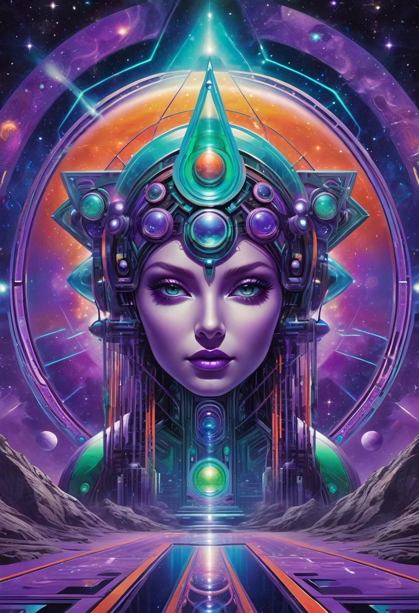mystical seen from the front, futuristic and geometric technology backdrop, spirit, dmr, md, mdma, intergalactic thc, other planets and mirror effects, colors, purple, green, blue and orange. electronic album cover