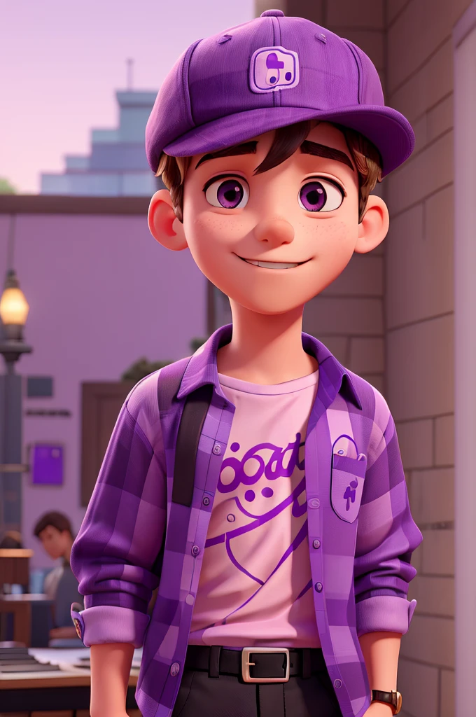 create an image of a young man who likes music wearing an open purple cap blouse and underneath the purple blouse a shirt with a music print, with more social clothes, his clothes must match the color purple