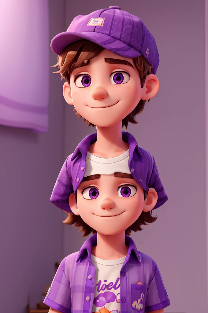 create an image of a young man who likes music wearing an open purple cap blouse and underneath the purple blouse a shirt with a music print, with more social clothes, his clothes must match the color purple