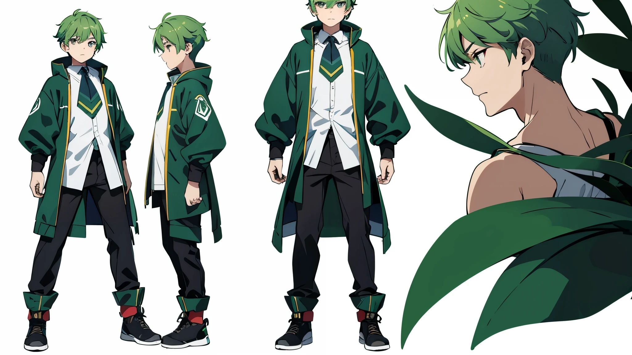 boy green hair gaming,  white background color , full body