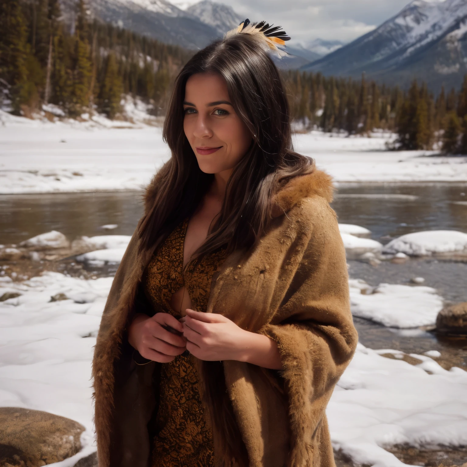 December Prompt
A woman named LaGermania, seductive, slightly smiling, with black hair, having fun, poses for a chic calendar photoshoot in the east of Canada's Rocky Mountains during December. She stands on a snowy gravel beach with huge boulders, the sea reflecting the soft light of early winter, and the majestic Rocky Mountains in the background. LaGermania, with open, interested, curious, seductive, knowing eyes, is playfully interacting with a small squirrel, her eyes twinkling with mischief. She wears traditional winter attire of the Cree tribe, adorned with turquoise pearls and a massive feather headdress, reflecting the cultural heritage of the region. Her clothing consists of a tanned caribou hide dress, decorated with intricate beadwork and fringes, along with fur-lined moccasins and a wolf fur cloak for warmth. Her jet-black hair is styled in long, flowing braids intertwined with feathers and beads, adding elegance to her ensemble. She has a sporty figure, her playful poses combine humor and allure. The surroundings are alive with the beauty of nature, with the snowy gravel beach, scattered boulders, and distant mountains creating a picturesque scene. In the background, Cree family members are seen, wearing traditional winter attire and engaging in activities that highlight their connection to nature. The ultra-detailed, dreamlike quality of the image highlights the rich textures and vibrant colors of the Rocky Mountains landscape. Make a historical photo of the scene and items and clothes historically accurate to reflect the time around year 1800. Tools and clothes were self-made from natural resources like from plants and animal parts. No modern tools nor fabrics nor buildings nor modern style fashion.