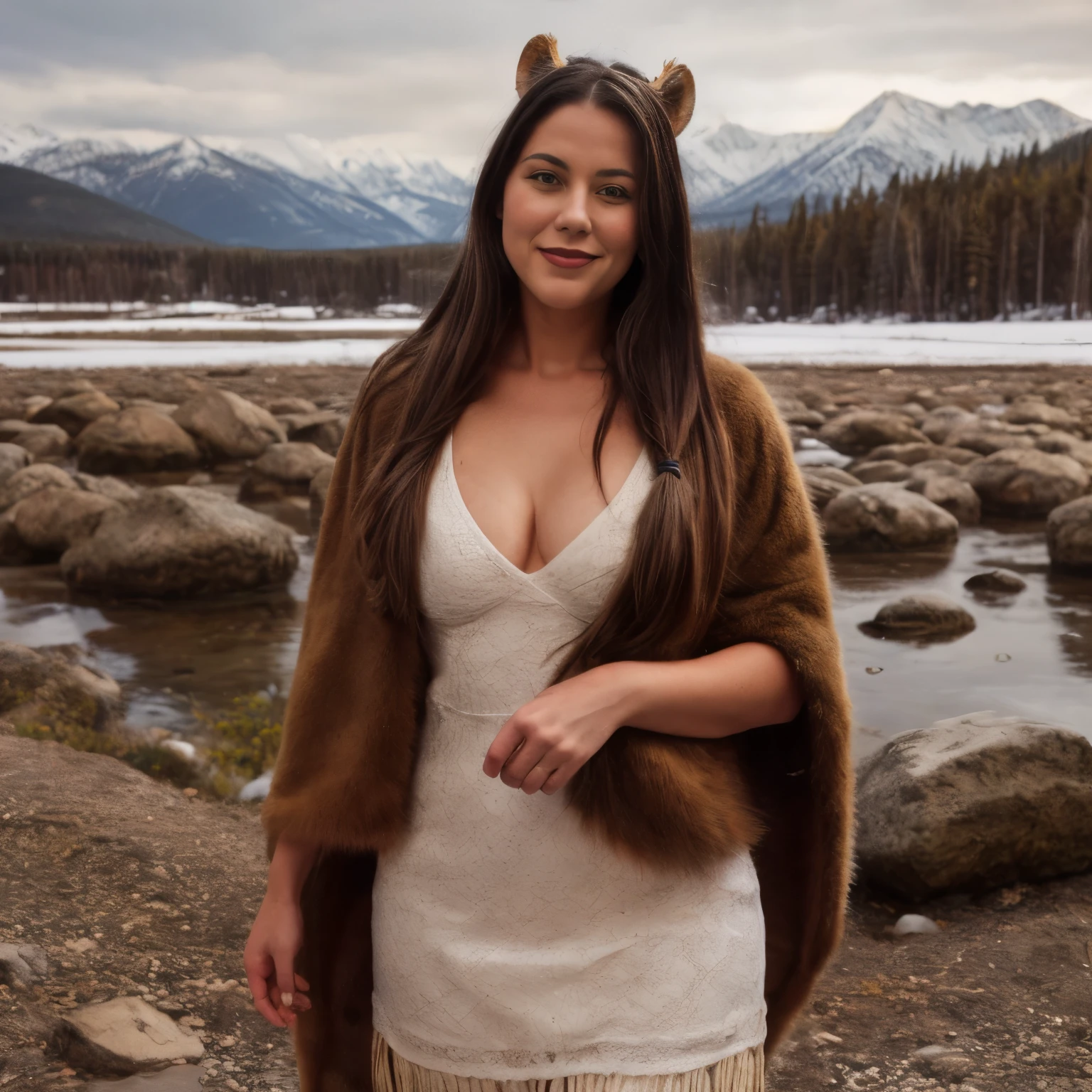 December Prompt
A woman named LaGermania, seductive, slightly smiling, with black hair, having fun, poses for a chic calendar photoshoot in the east of Canada's Rocky Mountains during December. She stands on a snowy gravel beach with huge boulders, the sea reflecting the soft light of early winter, and the majestic Rocky Mountains in the background. LaGermania, with open, interested, curious, seductive, knowing eyes, is playfully interacting with a small squirrel, her eyes twinkling with mischief. She wears traditional winter attire of the Cree tribe, adorned with turquoise pearls and a massive feather headdress, reflecting the cultural heritage of the region. Her clothing consists of a tanned caribou hide dress, decorated with intricate beadwork and fringes, along with fur-lined moccasins and a wolf fur cloak for warmth. Her jet-black hair is styled in long, flowing braids intertwined with feathers and beads, adding elegance to her ensemble. She has a sporty figure, her playful poses combine humor and allure. The surroundings are alive with the beauty of nature, with the snowy gravel beach, scattered boulders, and distant mountains creating a picturesque scene. In the background, Cree family members are seen, wearing traditional winter attire and engaging in activities that highlight their connection to nature. The ultra-detailed, dreamlike quality of the image highlights the rich textures and vibrant colors of the Rocky Mountains landscape. Make a historical photo of the scene and items and clothes historically accurate to reflect the time around year 1800. Tools and clothes were self-made from natural resources like from plants and animal parts. No modern tools nor fabrics nor buildings nor modern style fashion.