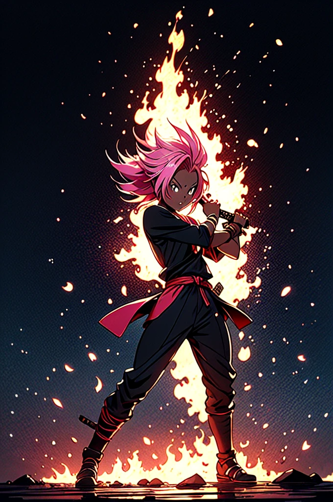 manga style, classical, art by akira toriyama, absurdres,1girl, gradient hair, pink hair, dark skinned,short Knight outfit,swinging a blazing fire katana,full body shot,detail medieval daungon backgroung 