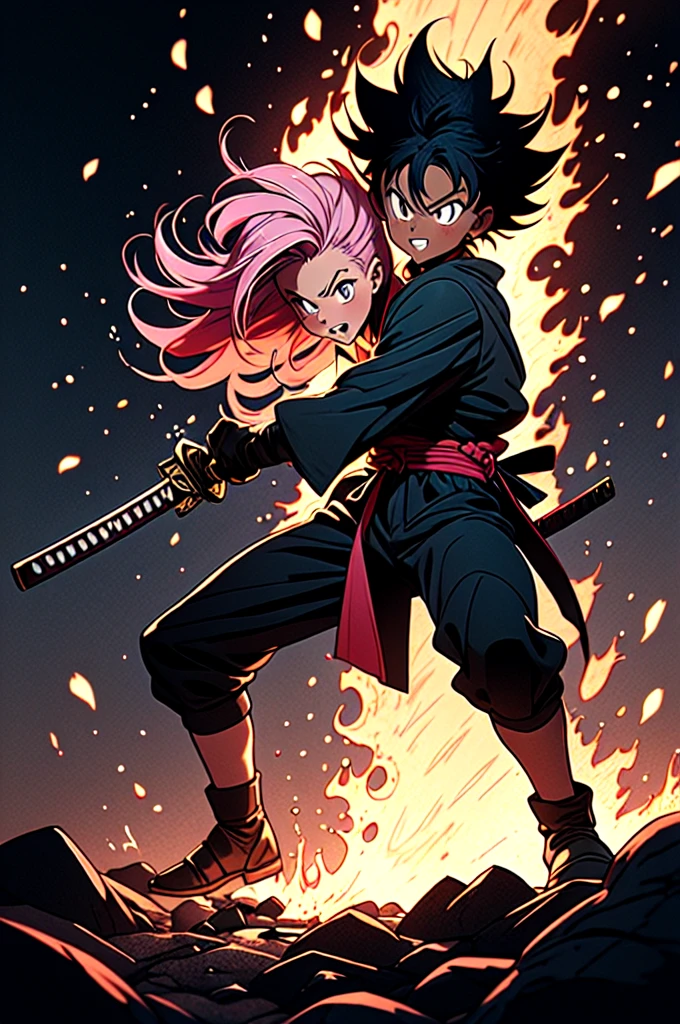 manga style, classical, art by akira toriyama, absurdres,1girl, gradient hair, pink hair, dark skinned,short Knight outfit,swinging a blazing fire katana,full body shot,detail medieval daungon backgroung 