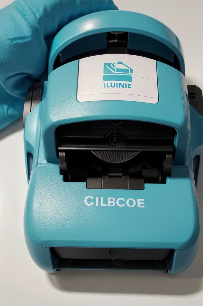 Create a logo for "Clic & Print" that depicts a navy blue mouse cursor clicking on a turquoise printer icon. The name "Clic & Print" should be written in white below the printer icon, with the tagline "Your printing in one click" below that.