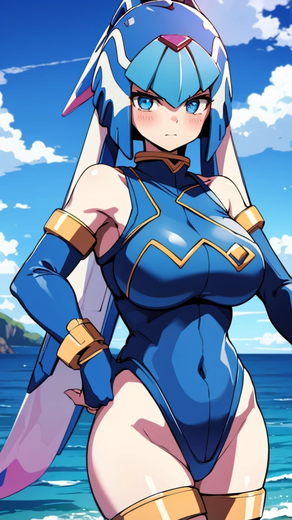 Leviathan_Megamanz, 1 Girl ,Looking at the viewer , blue hair, Blue eyes,Clouds background , Blushed , , Wedding ring, Glasses, Swimsuit 