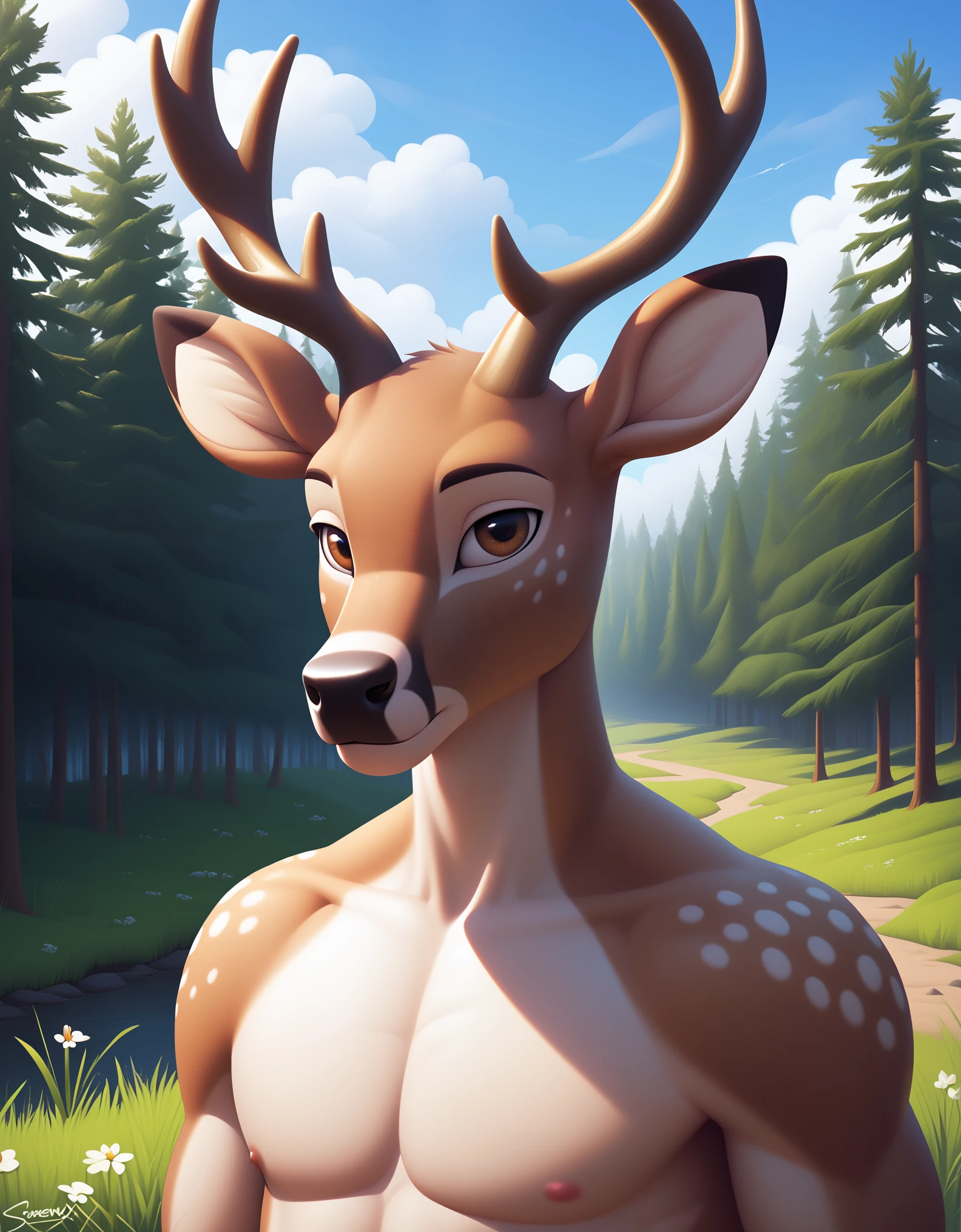 score_9, score_8_up, score_7_up, source_furry, rating_safe, by sigma_x, anthro, solo, male, deer, brown body, brown eyes,white body, Humanoid, Forest, sky,