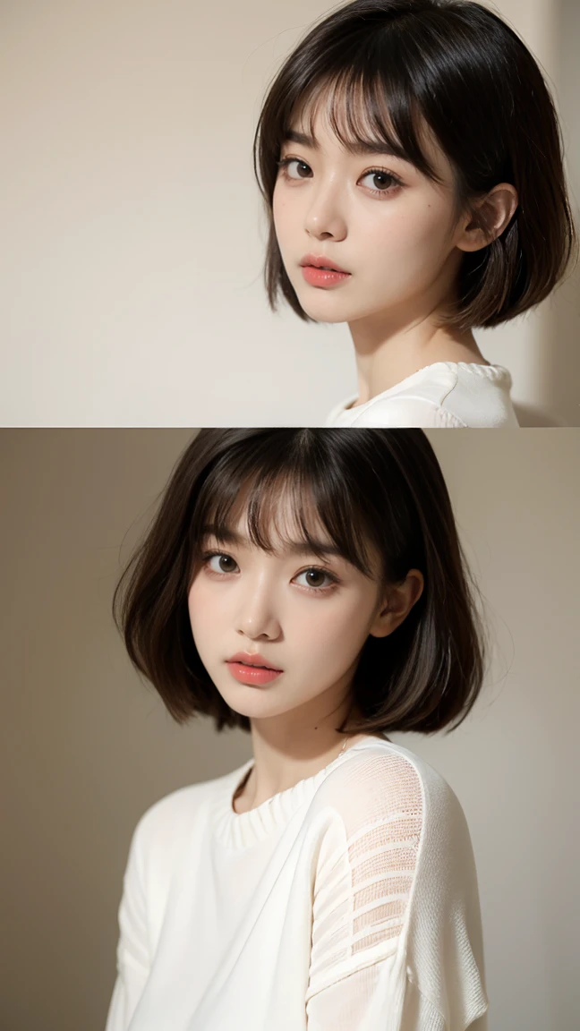 Close-up of a woman in a white sweater, neat hair With bangs, Short fine hair, Baiji Haircut Hairstyle, Short fine hair With bangs, Round-faced Southeast Asian, Cute and delicate face of a girl, With bangs, Korean Girls, Young and pretty Asian face, Korean symmetrical face, Center-parted bangs, Avatar Profile Picture，The background is beautiful